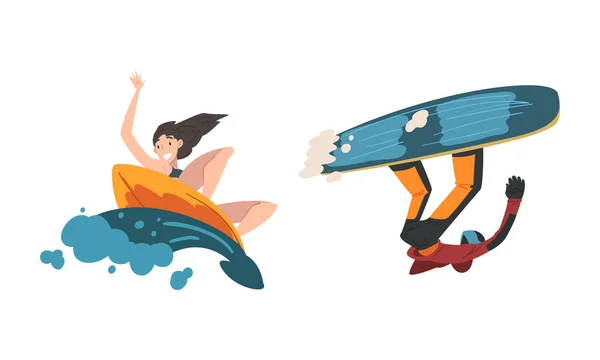 極端なスポーツ活動ベクトルセットに従事サーフボード上の男と女のスノーボードと乗馬波 — ストックベクタ