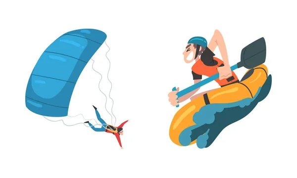 Uomo che salta con paracadute e canoa impegnato in attività sportive estreme Vector Set — Vettoriale Stock