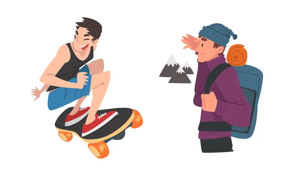 Man Skateboarding and Mountaineering Zaangażowany w Extreme Sport Activity Vector Set — Wektor stockowy