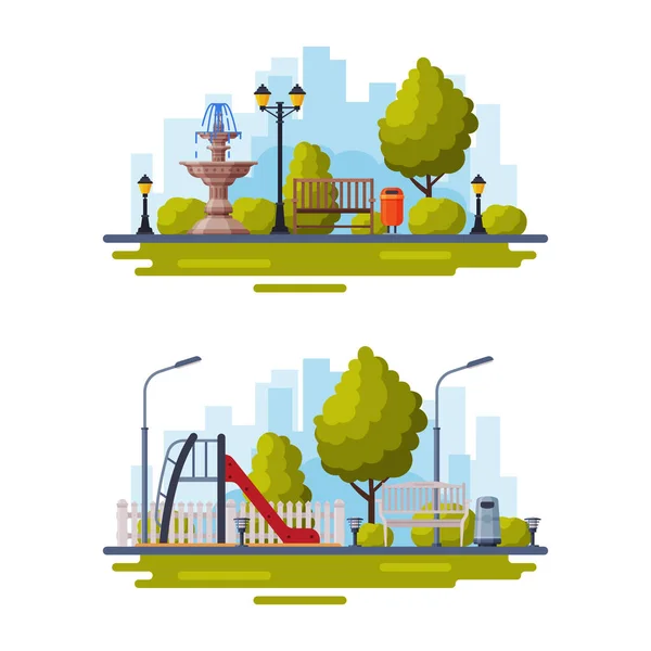 Vista sul paesaggio urbano con lampione, panchina, cespuglio verde e set vettoriale per parchi giochi — Vettoriale Stock