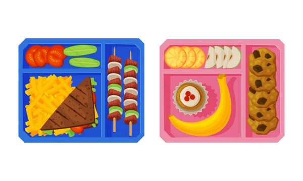 Plateau de repas avec des aliments frais appétissants reposés dans différentes sections ci-dessus Voir ensemble vectoriel — Image vectorielle