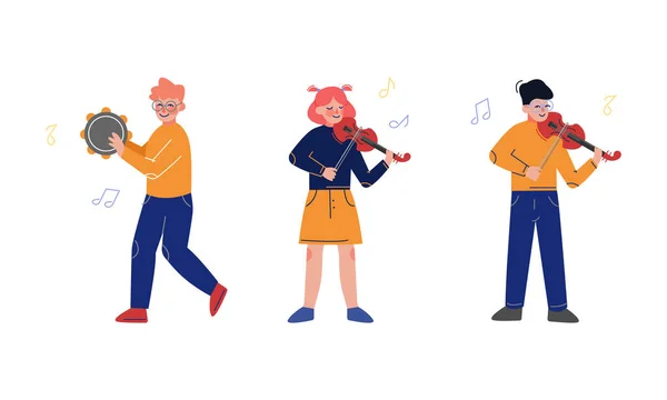 十代の男の子と女の子のバイオリンとタンバリンを演奏才能のある音楽家のキャラクターベクトルセット — ストックベクタ