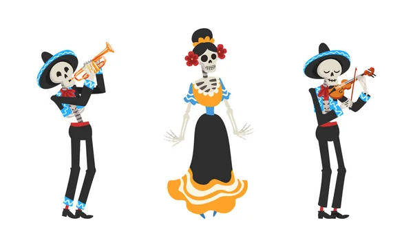 Esqueleto Mexicano no Chapéu Sombrero Tocando Instrumento Musical e Dança Vector Set — Vetor de Stock
