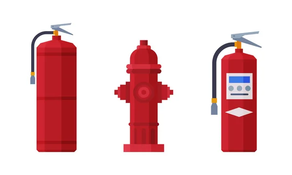 Röd brandsläckare och brandpost som brandbekämpningsutrustning Vektor Set — Stock vektor