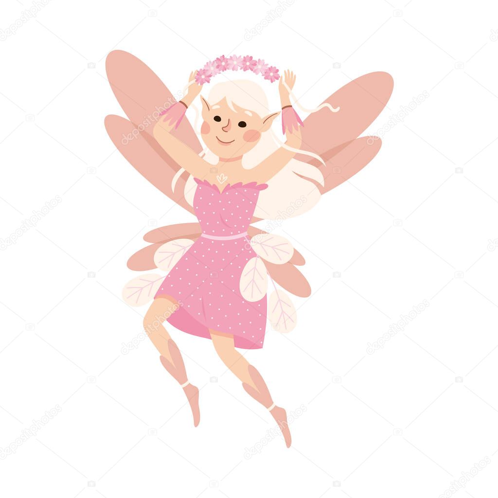 Cute Girl Fairy Flying with Wings Holding Floral Wreath Vector Illustration