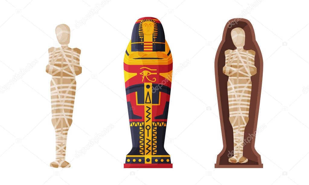 Mummy Case with Buried Ancient Egyptian Vector Set