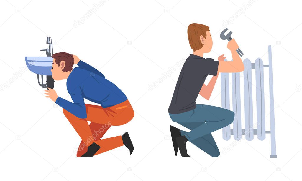 Handyman or Fixer as Skilled Man with Wrench Engaged in Radiator and Plumbing Repair Work Vector Set