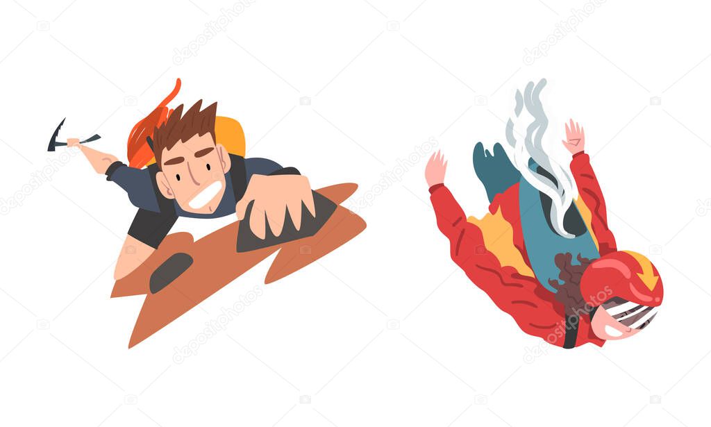 Man and Woman Jumping with Parachute and Climbing Mountain Engaged in Extreme Sport Activity Vector Set
