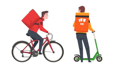Food Delivery Courier Service with Man on Scooter and Bicycle Carrying Bag Vector Set clipart