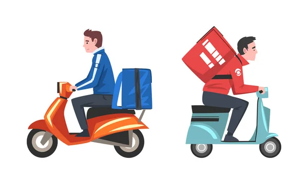 Serviço de entrega de alimentos Courier com homem no motor Scooter transportando conjunto de vetor de saco — Vetor de Stock