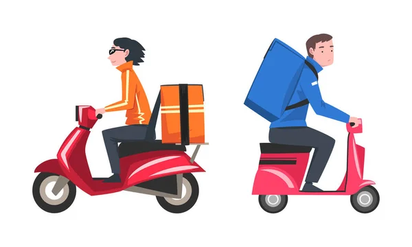 Food Delivery Courier Service with Man on Motor Scooter Carrying Bag Vector Set - Stok Vektor