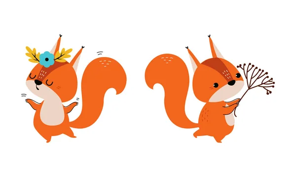 Red Fluffy Squirrel Bushy Tail Holding Branch Wearing Floral Wreath ロイヤリティフリーのストックイラスト