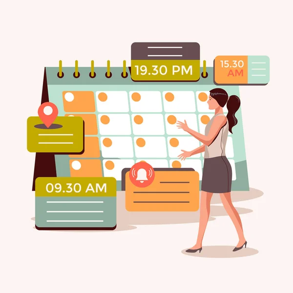 Business Woman Planificación Día Programación Cita Aplicación Calendario — Vector de stock