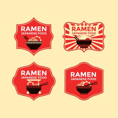 Japon eriştesi ya da Ramen logosu, rozetler, afişler, etiketler, Asya restoranının amblemi.