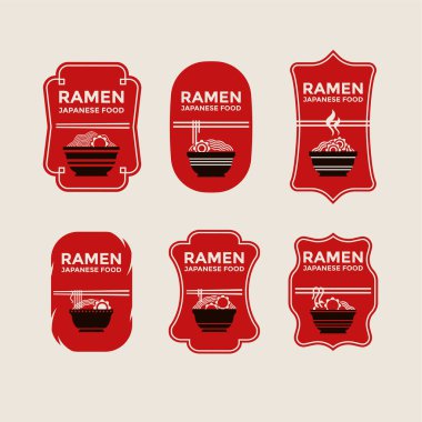 Japon eriştesi ya da Ramen logosu, rozetler, afişler, etiketler, Asya restoranının amblemi.