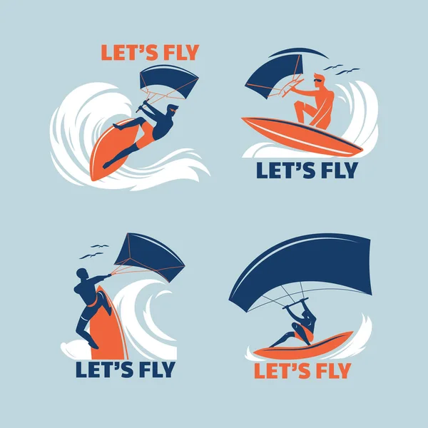 Conjunto Extrema Esporte Kitesurf Kite Boarding Vector Ilustração — Vetor de Stock