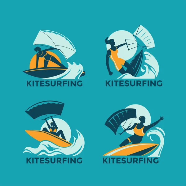 Conjunto Extrema Esporte Kitesurf Kite Boarding Vector Ilustração — Vetor de Stock