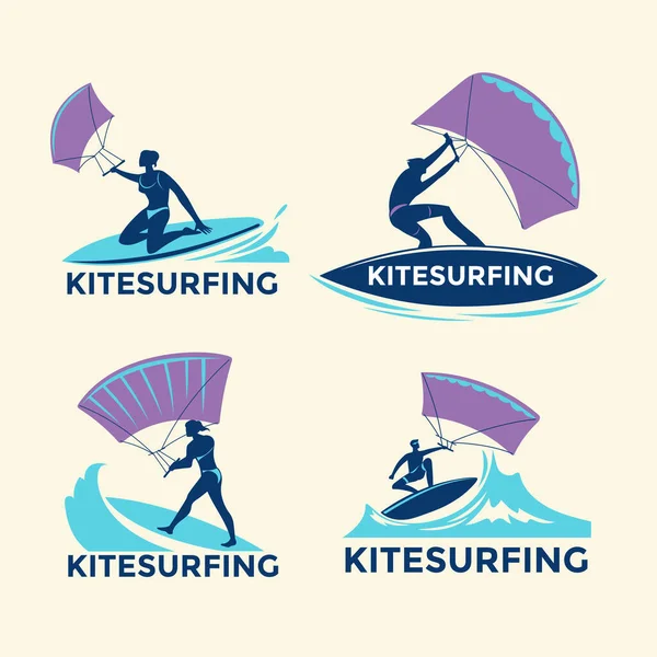 Conjunto Extrema Esporte Kitesurf Kite Boarding Vector Ilustração — Vetor de Stock