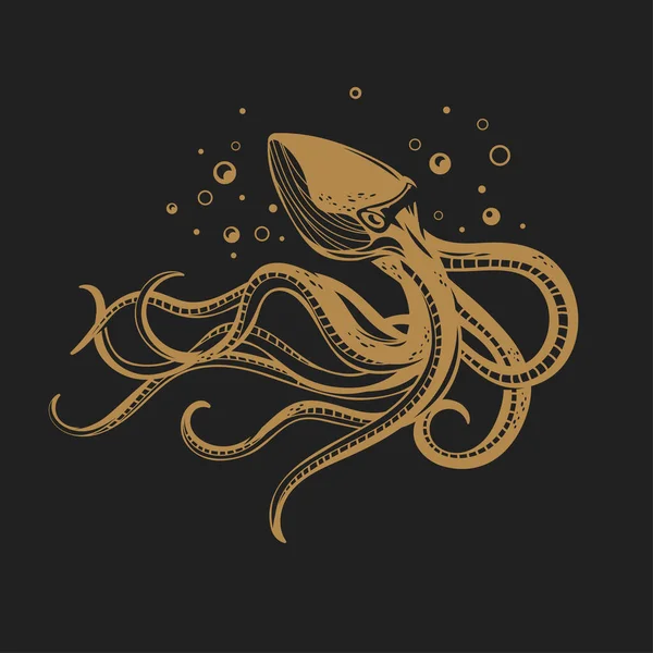 Vector Illustration Goldkrake Meeresfrüchte Meerestier Tintenfisch Mit Tentakeln — Stockvektor