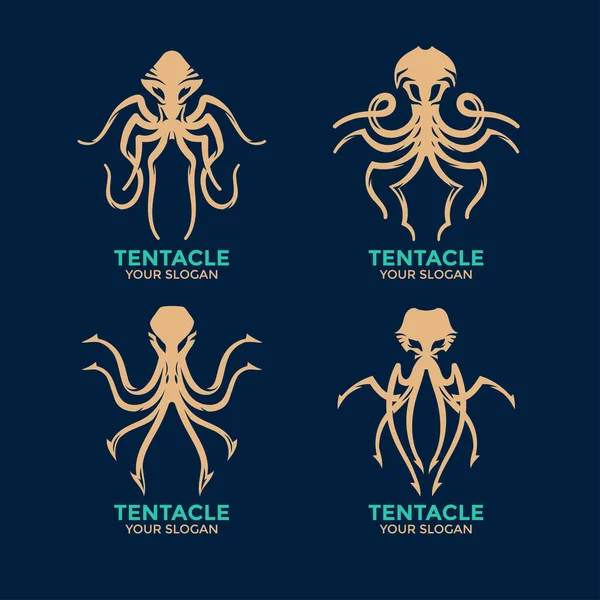 Set Vector Logo Gold Octopus Seafood Sea Animal Squid Tentacles — Stock Vector