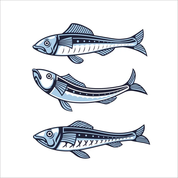 Set Vector Sardine Icon Badge Fish Design Seafood Packaging Market — Stock Vector
