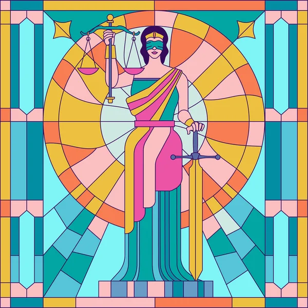 Señora Justicia Femida Themis Vector Ilustración Pintura Cristal Vidrieras — Archivo Imágenes Vectoriales