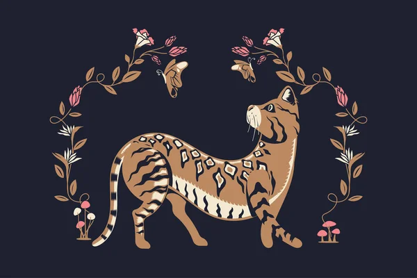 Schöne Stilvolle Bengalkatze Mit Florierendem Hintergrund Premium Vector — Stockvektor