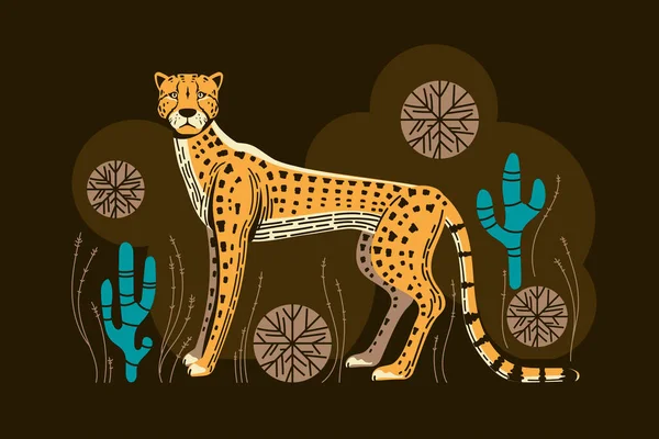 Rozkošný Gepardí Lov Spinifex Trávy Kaktusové Ilustrace Vektor — Stockový vektor