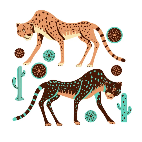 Adorable Chasse Guépard Avec Herbe Épineuse Illustration Cactus Vecteur — Image vectorielle