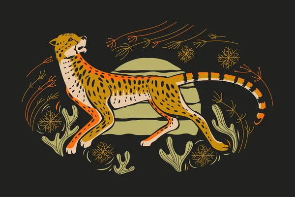 Чарівний Гепард Полювання Травою Spinifex Ілюстрацією Кактуса Векторні — стоковий вектор