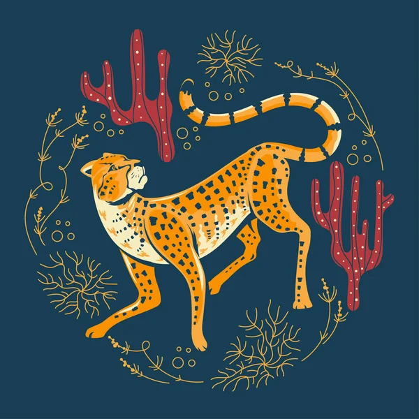 Rozkošný Gepardí Lov Spinifex Trávy Kaktusové Ilustrace Vektor — Stockový vektor