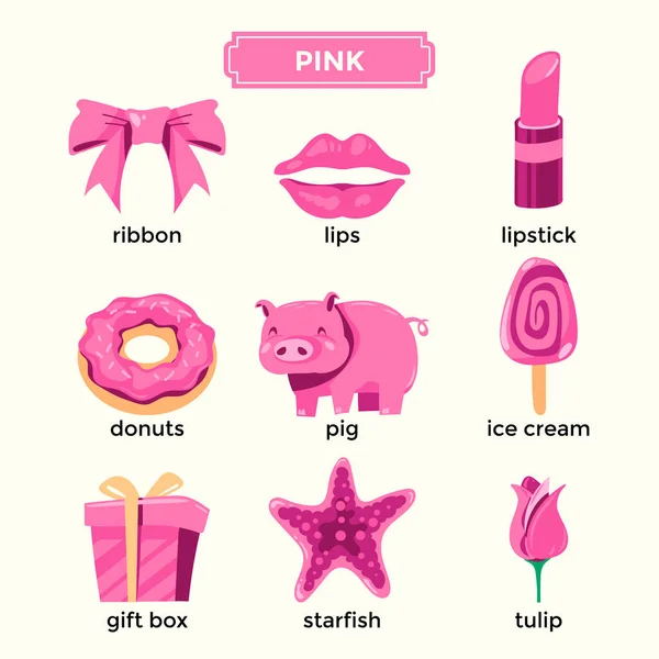 Flashcards Για Την Εκμάθηση Ροζ Χρώμα Και Σετ Λεξιλογίου — Διανυσματικό Αρχείο