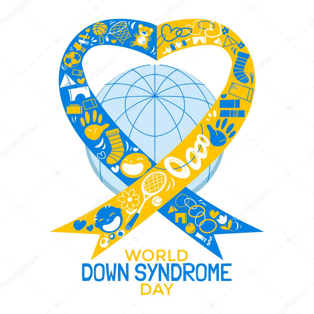 World Down Syndrome Day Concept with Icons Ribbon and Globe background Vector Illustration