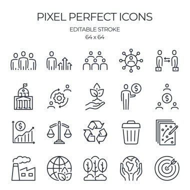 ESG related editable stroke outline icons set isolated on white background flat vector illustration. Pixel perfect. 64 x 64. clipart