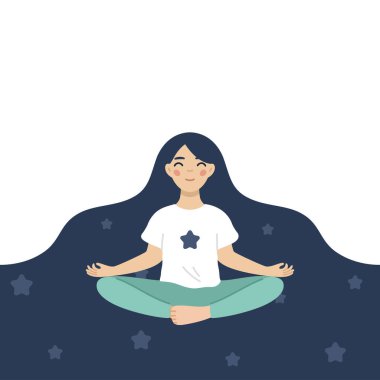 Saçında yıldızlar olan genç bir kız loto pozisyonunda dinleniyor. Çocuklar için meditasyon ve yoga konsepti vektör çizimi.