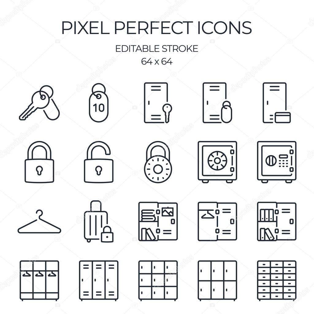 Storage related editable stroke outline icons set isolated on white background flat vector illustration. Pixel perfect. 64 x 64.