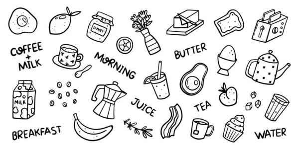 アボカド トースト コーヒー バターなどの朝の朝食関連のドア 手描きアウトラインベクトルイラスト — ストックベクタ