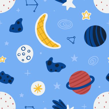 Ay, gezegenler, yıldızlar ve kuyrukluyıldızlarla kusursuz bir desen. Çocukça çizilmiş karalama el çizimi İskandinav tarzı vektör çizimi tekstil veya kağıt baskısı için mükemmel.