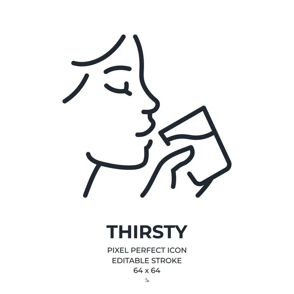 Woman Drinking Glass Water Thirsty Concept Editable Stroke Outline Icon — Stock Vector