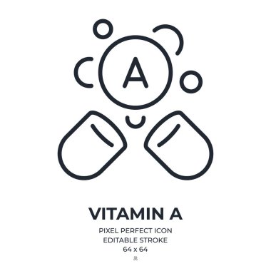 A vitamini kapsülü düzenlenebilir çizgi simgesi beyaz arka plan düz vektör illüstrasyonunda izole edildi. Piksel mükemmel. 64 x 64.