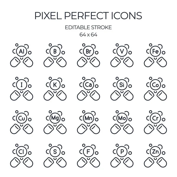 Mineral gıda destek kapsülleri ile ilgili düzenlenebilir çizgi ikonu beyaz arka plan düz vektör illüstrasyonunda izole edildi. Piksel mükemmel. 64 x 64.
