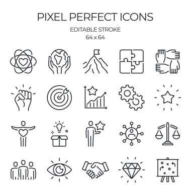 Core values as trust, integrity, social responsibility, strategy, mission and more editable stroke outline icons set isolated on white background flat vector illustration. Pixel perfect. 64 x 64.