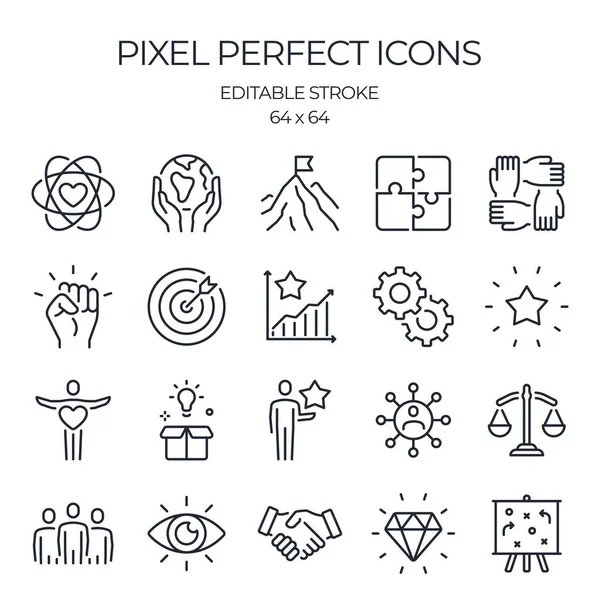 Core values as trust, integrity, social responsibility, strategy, mission and more editable stroke outline icons set isolated on white background flat vector illustration. Pixel perfect. 64 x 64.