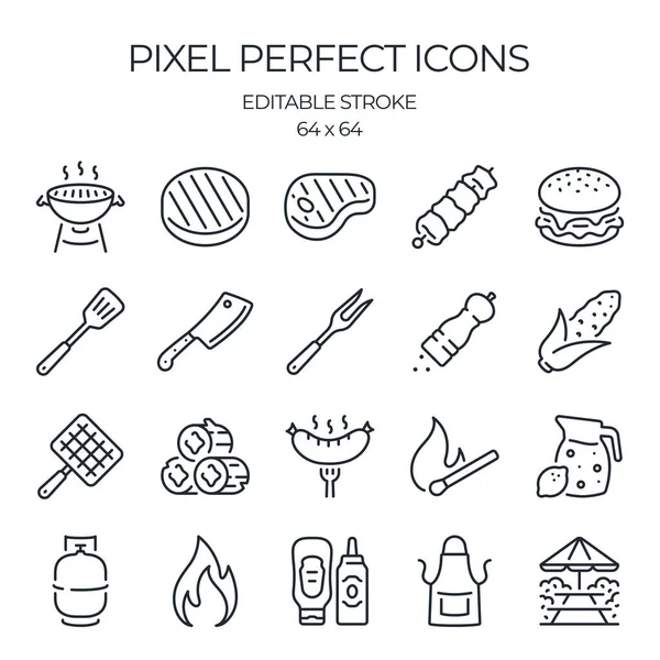 Barbekü ve ızgarayla ilgili düzenlenebilir çizgi simgeleri beyaz arka plan düz vektör illüstrasyonunda izole edildi. Piksel mükemmel. 64 x 64.