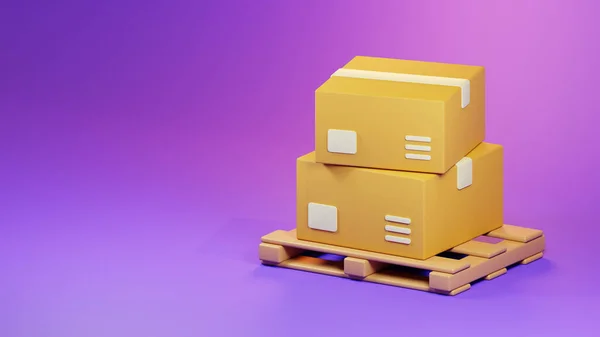 紫色の背景イラストに隔離された木製パレット上の3Dレンダリング段ボール箱スタック 倉庫とパッケージの配送コンセプト — ストック写真