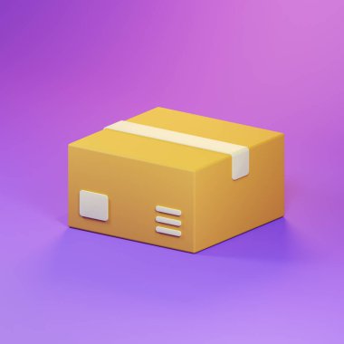Mor arkaplan illüstrasyonunda 3D karton kutu simgesi asgari düzeyde. Çevrimiçi sipariş ya da paket teslim kavramı.