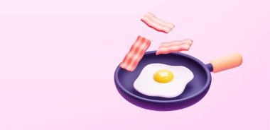 Pembe arkaplan vektör illüstrasyonunda izole edilmiş dökme demir tavada 3 boyutlu pişmiş yumurta. Kahvaltı ve ev yemeği konsepti.