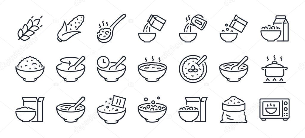 Breakfast, oatmeal and cereals editable stroke outline icons set isolated on white background flat vector illustration. Pixel perfect. 64 x 64.