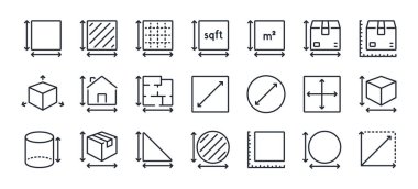 Boyut, alan ve çevre ölçümü kavramı düzenlenebilir çizgi simgeleri beyaz arkaplan düz vektör illüstrasyonunda izole edildi. Piksel mükemmel. 64 x 64.
