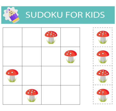  Çocuklar için sudoku. Mantıklı düşünme eğitimi. İçinde resimler olan etkinlik sayfası. Bulmaca oyunu.